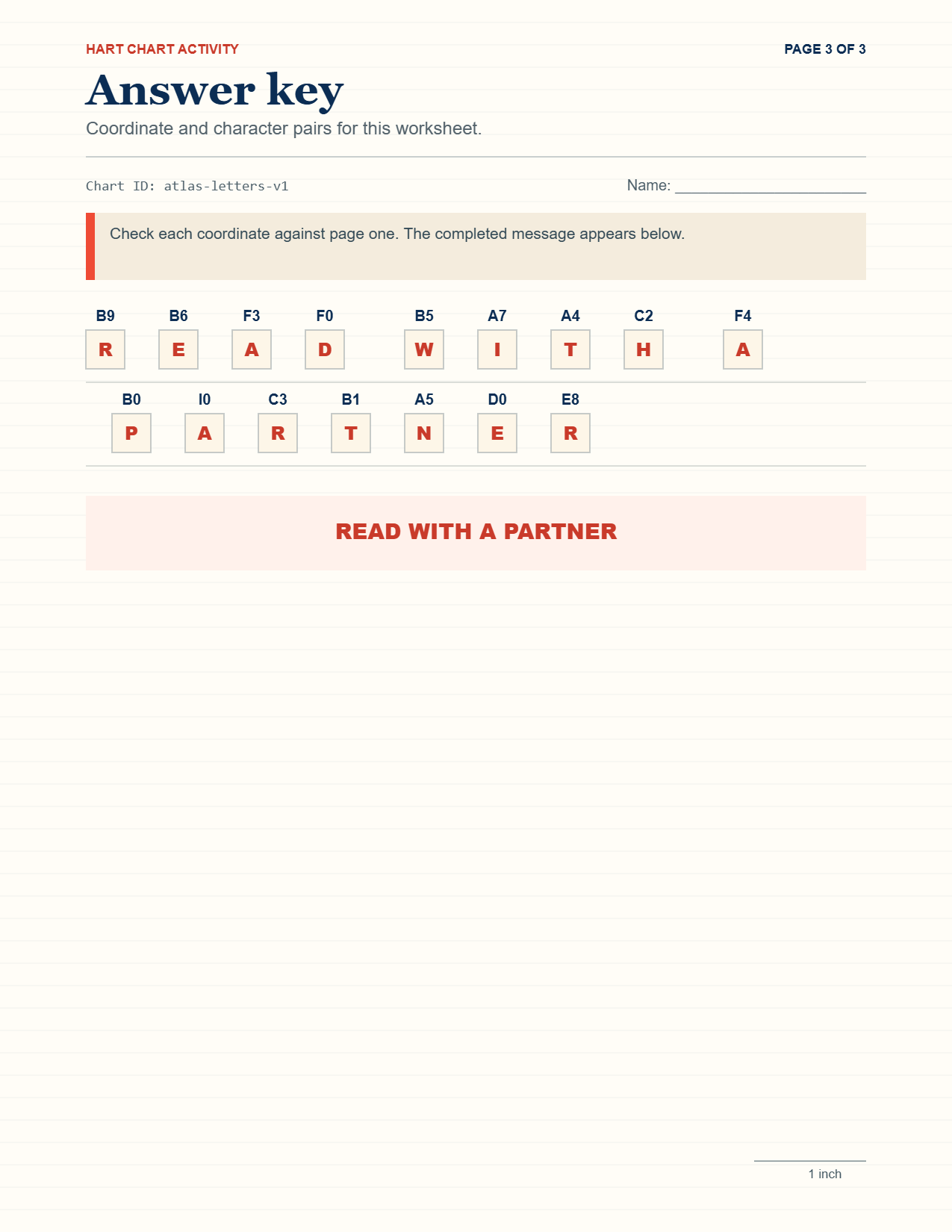 Worked example answer key page 3 showing coordinates and solved letters